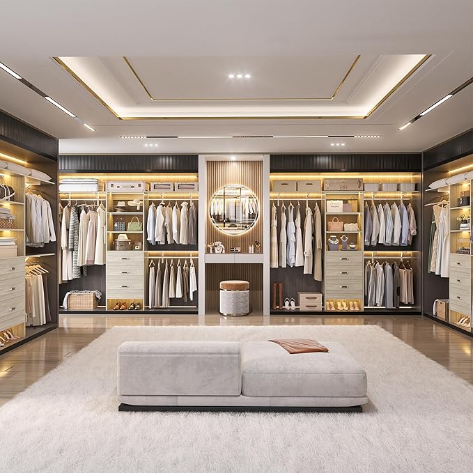 Closet System with Drawer - 8FT Wood Closet Organizer System with 3 Hanging Rods and Shelving Tower, 96" Walk In Closet Organizer Wardrobe, Heavy Duty Garment Rack Clothes Rack, White Oak