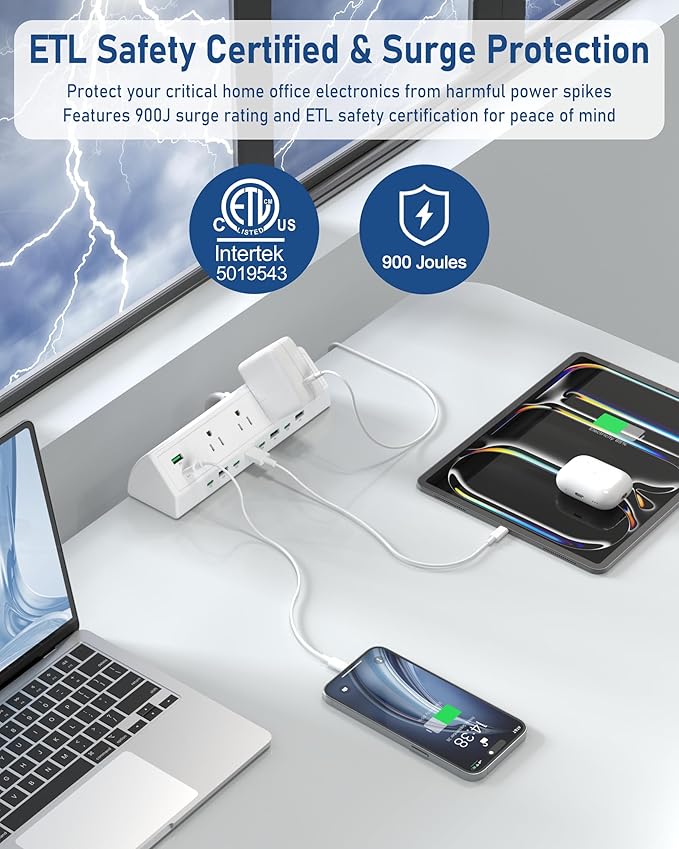 Jgstkcity 90W Desk Clamp Power Strip,12 USB Ports (6 PD 45W USB-C),Surge Protector,ETL Listed Power Hub Extension Cord,Fast Charging Station for Home Office Desk Edge Mount (White, 12 USB-90W)