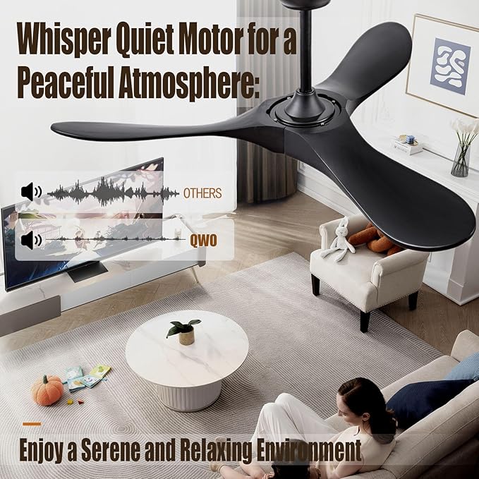 52" Ceiling Fans Without Lights, Solid Wood Ceiling Fan with Remote Control and Quiet DC Motor, Ceiling Fan no Light 3 Blades, Indoor Outdoor Ceiling Fans for Patios, Bedroom- Black