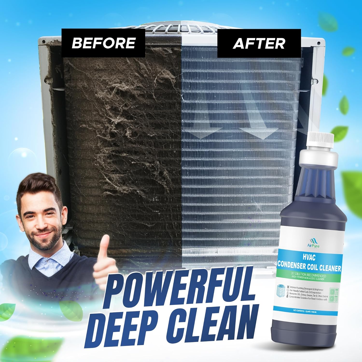 Condenser Coil Cleaner - 1 Quart (946mL), High-Foaming, Non-Acidic Formula – Heavy-Duty Degreaser for Outdoor Condensers, HVAC Systems, Mini Splits, and Heat Pumps, For Commercial or Residential Use