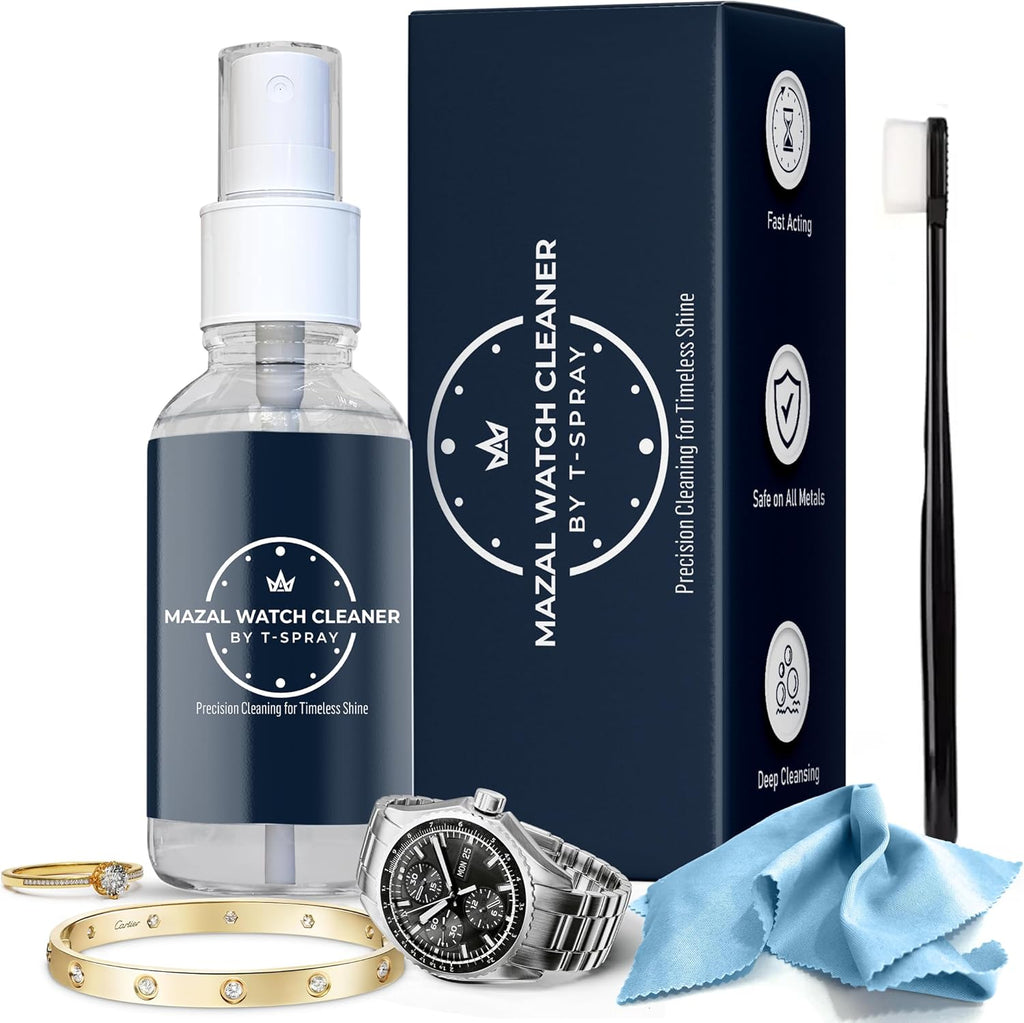 Mazal Watch and Jewelry Cleaner Spray kit. Cleaning Solution -Safe on All Metals, Crystals, Gold, Platinum, Precious Gemstones, Diamond Jewelry- Quick, Long Lasting Shine- TSA Approved 2oz