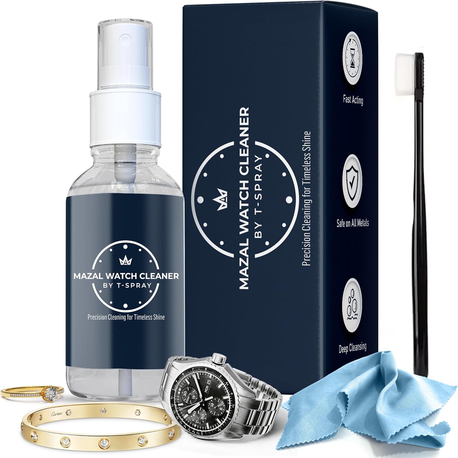 Mazal Watch and Jewelry Cleaner Spray kit. Cleaning Solution -Safe on All Metals, Crystals, Gold, Platinum, Precious Gemstones, Diamond Jewelry- Quick, Long Lasting Shine- TSA Approved 2oz