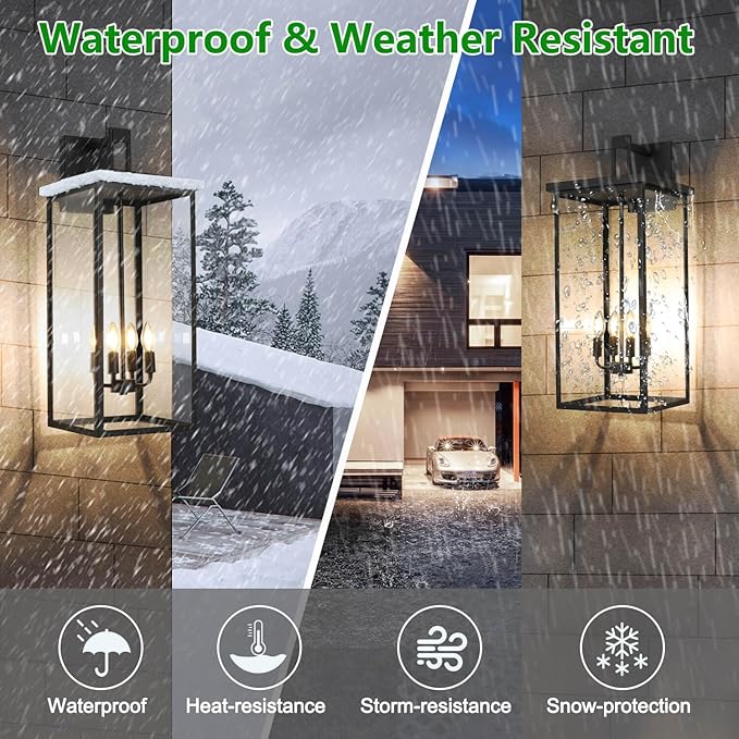 tewei 30In Large Size Square Outdoor Wall Lantern, Modern Black Outside Light for House Waterproof Porch Lights Outdoor Wall Sconce with Clear Glass Shade for Garage Porch Door, E12 Base (1 Pack)
