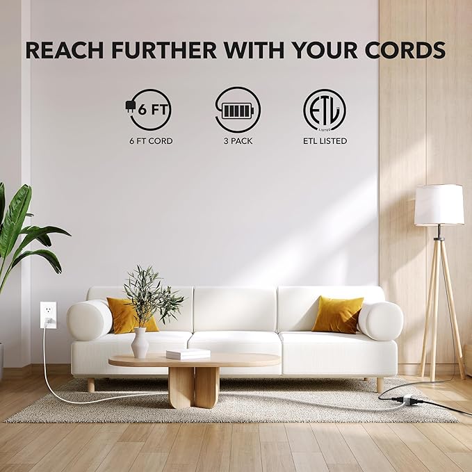 HBN Indoor Extension Cord, 6ft 3 Pack, White, 3 Outlets with Safety Cap Included, 2 Prong Polarized Plug, Perfect for Homes, Offices, and Kitchens