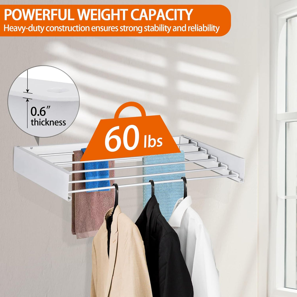 FOCHIER F Laundry Drying Rack Wall Mounted Clothes Drying Rack Collapsible with 4 Aluminum Rods and Drilling Template Long Screwdriver Bit 60 lbs Capacity (White, 23.6")
