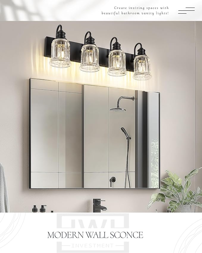 HWH 4-Light Bathroom Vanity Light, Wall Light Sconces for Bathroom, Dressing Table, Black Bathroom Mirror Wall Light with Bell-Shaped Clear Glass, Matte Black Finish, 5HZG106B-4W BK