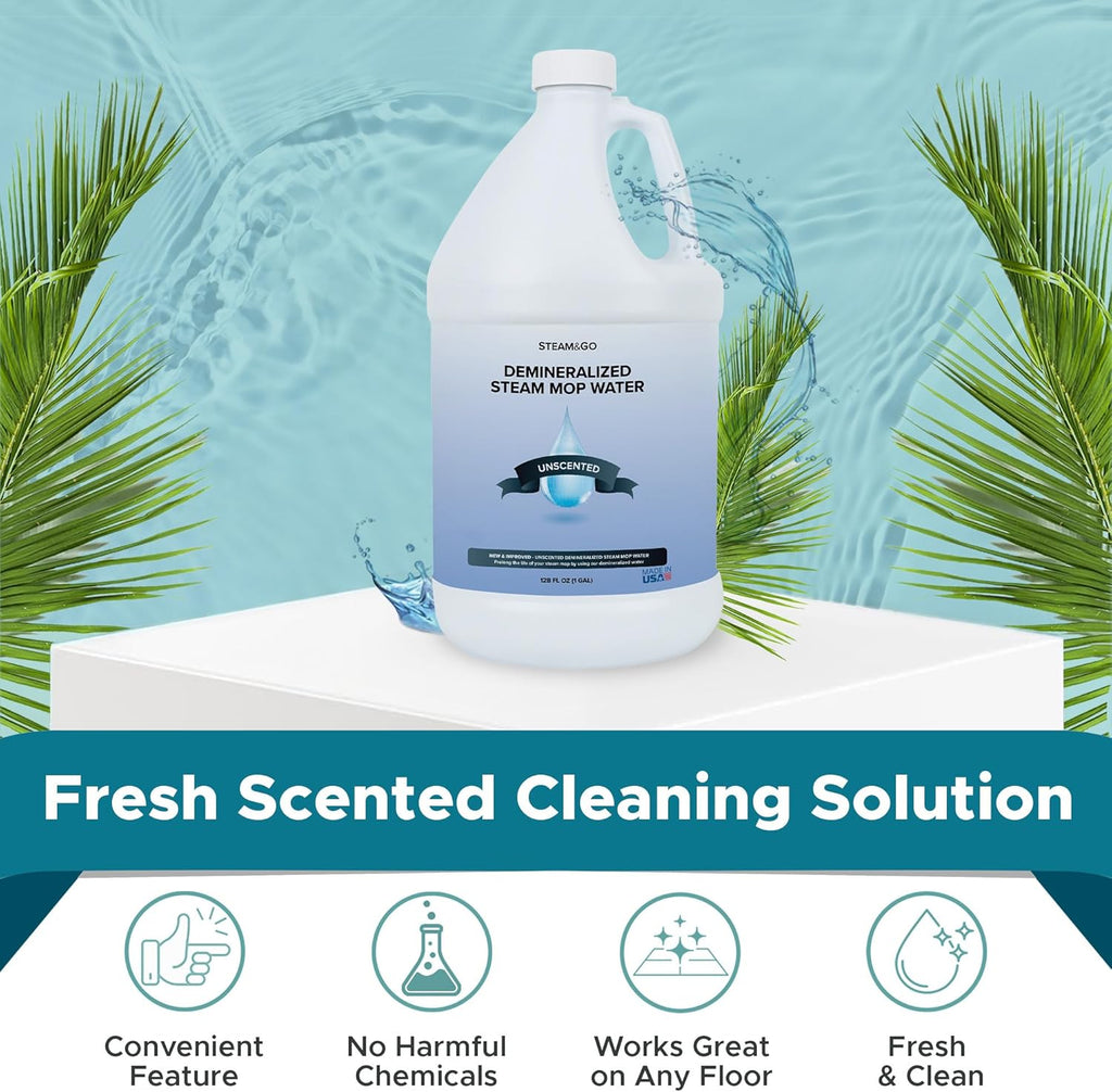 Steam and Go Unscented Demineralized Water - Cleaning Solution for Steam Mop, Floor Cleaner Solution, & More - Ready-to-Use Multi-Surface Floor Cleaning Solution - No PVC - 128 Fl. Oz