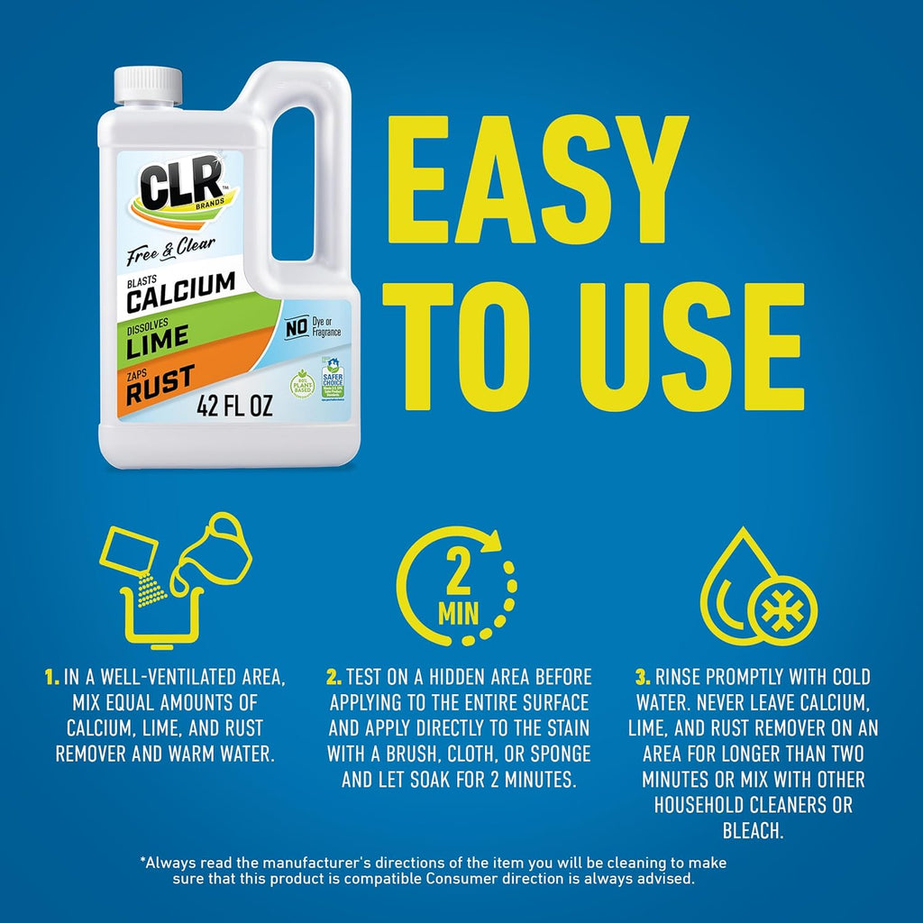 CLR Brands® Calcium, Lime & Rust Remover Free & Clear, No Dyes or Fragrances, Gentle Lime and Bathroom Descaler, Removes Hard Water Stains and Rust Deposits, 42 Oz Bottle (Pack of 1)