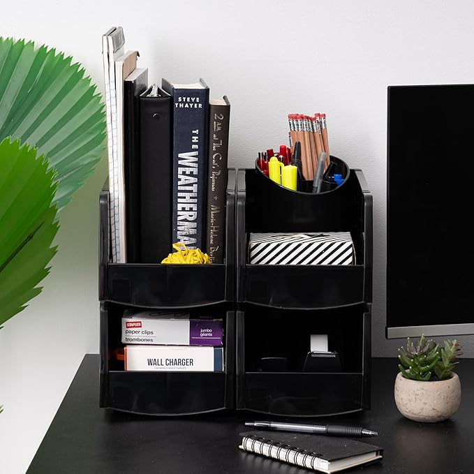 IRIS USA Medium Stackable Storage Bins, 4-Pack, 11" L x 6" W x 5" H, |Made in USA|, Plastic Open Front Shelf Bin for Organizing Parts, Hardware, Tools, Supplies, Garage Shelf, Pantry - Black