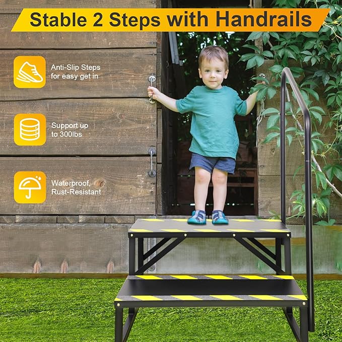 RV Steps with Handrail, Hot Tub 2 Steps with Handrail, Portable Stairs Steps for 5th Wheel RV, Mobile Home Stairs Outdoor RV Step Ladder for Camper and Porch with Non Slip Assist Handrail