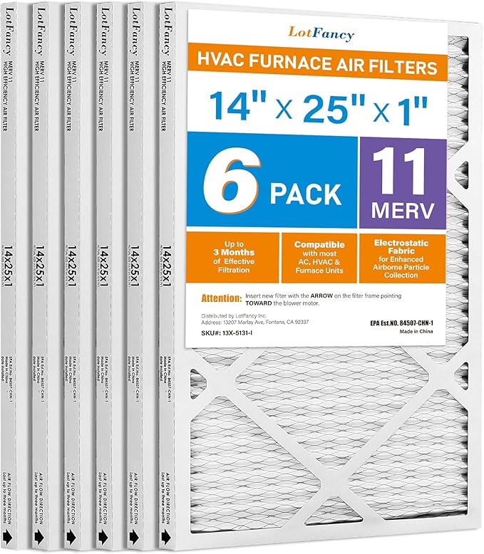 LotFancy 14x25x1 Air Filter MERV 11 Pet Smoke Allergens Defense (6-Pack) Pleated HVAC Furnace Air Filters, Replacement for Home AC & Heating Systems, Actual Size: 13.75" x 24.75" x 0.75"
