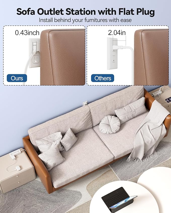 PD30W Split Extension Cord 10FT (5FT on Each Side), Single Flat Plug Twin Extension Cord with 4 AC Outlets, 2 USB-A & 3 USB-C, Nightstand Charging Station for Bedroom, His and Hers