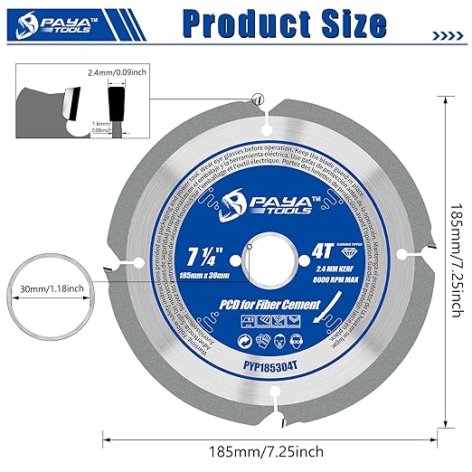 PCD Circular Saw Blade, 7-1/4-Inch x 4 Teeth x 30mm Bore (16, 20 & 25mm Reduction Rings Included), Polycrystalline Diamond Tipped for Fibre Cement Board, Hard Materials