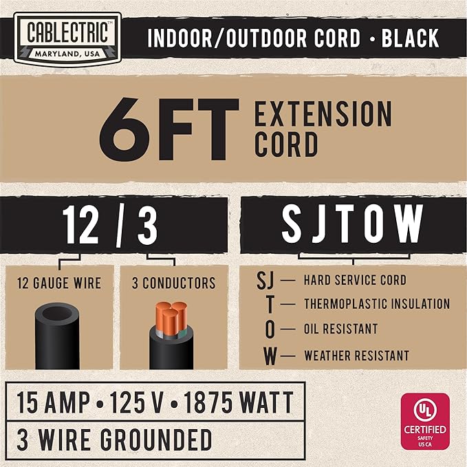6 Ft Heavy Duty Extension Cord, SJTOW Oil Resistant 12/3 Outdoor Extension Cord with 3 Prongs, Flame Retardant, Black Electrical Cable for Outside, Farm, Ranch, American Owned