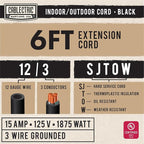 6 Ft Heavy Duty Extension Cord, SJTOW Oil Resistant 12/3 Outdoor Extension Cord with 3 Prongs, Flame Retardant, Black Electrical Cable for Outside, Farm, Ranch, American Owned