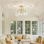 Industrial Round Chandelier Rustic Ceiling Light Fixture Farmhouse Pendant Light with Clear Glass Shade for Dining Room Hallway Entryway Kitchen Bedroom, Gold