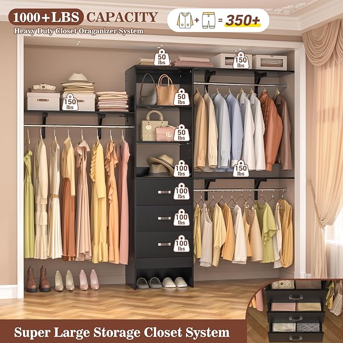 Armocity 96 Inches Closet System, 8FT Walk In Closet Organizer with 3 Shelving Towers, Heavy Duty Clothes Rack with 3 Drawers, Built-In Garment Rack, 96" L x 16" W x 75" H, Max Load 1000 LBS, Black