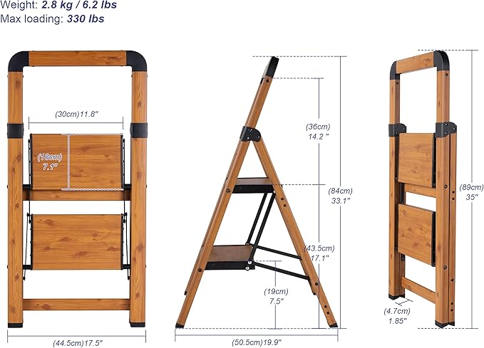 Step Ladders Folding 2-Step Woodgrain Finish Aluminum Foldable Step Stool,Anti-Slip Portable Sturdy for Home & Kitchen Office 330 lbs