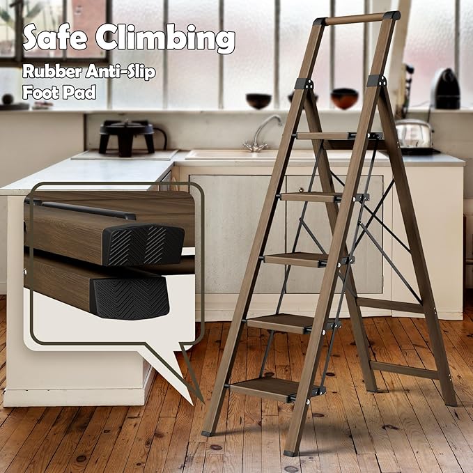 Taranta 5 Step Ladder, Portable Folding Ladder with Wide Pedal, Lightweight Aluminum Step Stool with Convenient Handgrip, 330 lbs Capacity Stepladder for Home, Office - Walnut