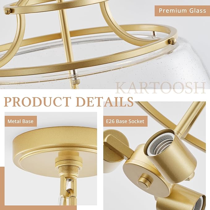 Industrial Round Chandelier Rustic Ceiling Light Fixture 3-Light Farmhouse Pendant Light with Seeded Glass Shade for Dining Room Hallway Entryway Kitchen Bedroom, Gold