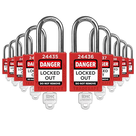 TRADESAFE Lockout Tagout Locks Set - 10 Red Loto Locks, Lockout Locks Keyed Different, 1 Key Per Lock, OSHA Compliant Lock Out Tag Out Padlocks, Safety Padlocks for Electrical Lockout Tag Out Kits