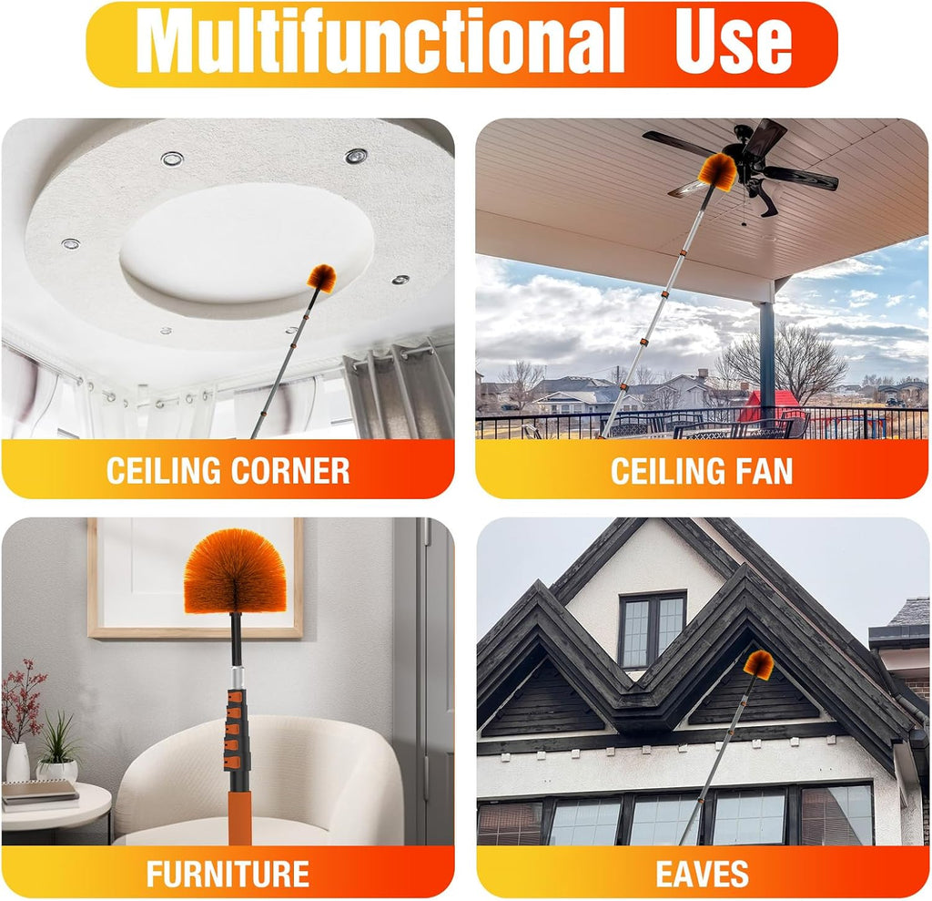 24FT (30FT Reach) Cobweb Duster with Extension Pole, Spider Web Brush for Cleaning Extendable, Professional Ceiling and Corner Dusters for Outdoor Indoor Use