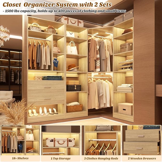 Corner Closet System with 2 Sets, 63.2" Corner Closet Organizer System with 2 Drawers + 18 Shelves + 3 Hanging Rods, Reversible L Shaped Walk-in Closets, White Oak (63.2" L x 39.2" W x 80" H)