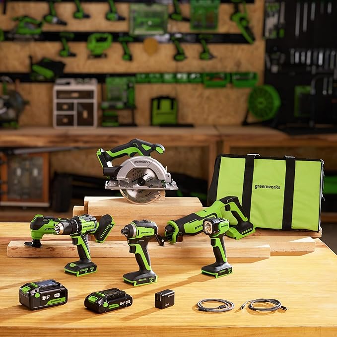 Greenworks 24V Cordless Brushless 6PCs Combo, Drill/Driver+Impact Driver+6.5" Circular Saw+Recip Saw +Oscillating Tool+Flashlight, 2.0Ah+4.0Ah Batteries (24,000mAh Power Bank) and 65W USB-C Charger