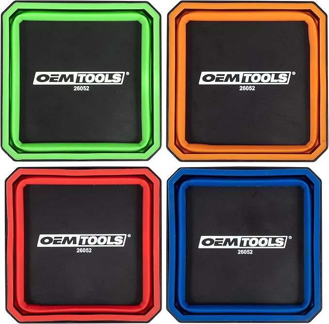 OEMTOOLS 26052 Foldable Magnetic Tray Set, Magnetic Tray for Mechanic's Small Parts, Sorting and Storage, Collapsible, 4-1/2" Square, 2 lb. Capacity, 4 Colors