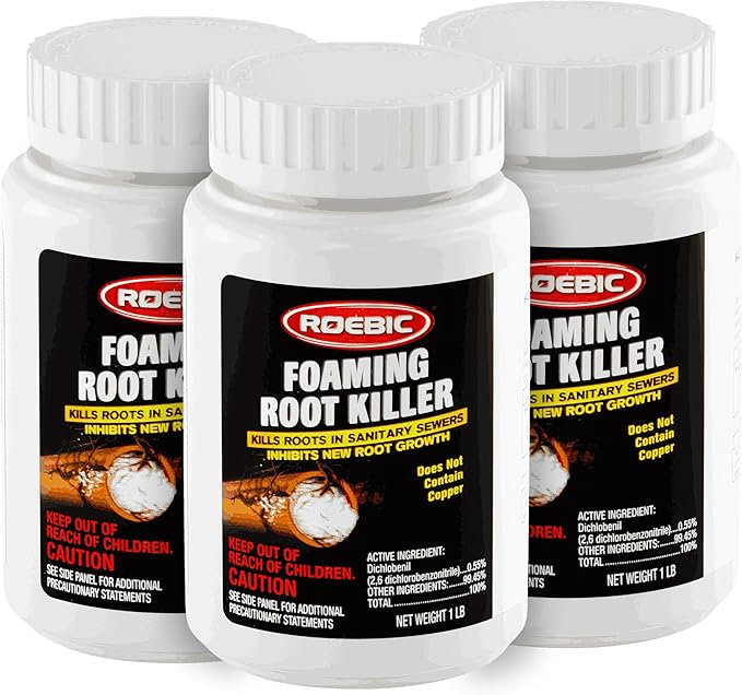 Roebic FRK Foaming Tree Root Killer, Chemical Septic System, Drain Field and Sewer Line Pipe Clog Remover and Root Destroyer, Safe for Bathroom Toilet, White Granules, 1 lb (Pack of 3)