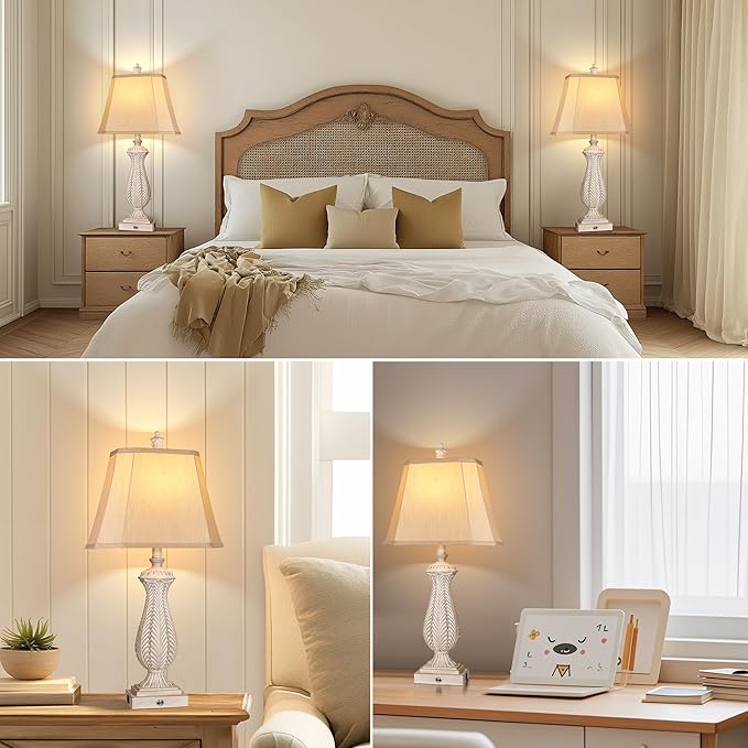 3-Way Dimmable Table Lamps for Bedrooms Set of 2, Light Wood Mermaid Bedside Lamp for Nightstand, 30" H Touch Lamps for Living Room with USB & Type-C Ports, Resin Farmhouse Rustic Lamp with 2 Bulb