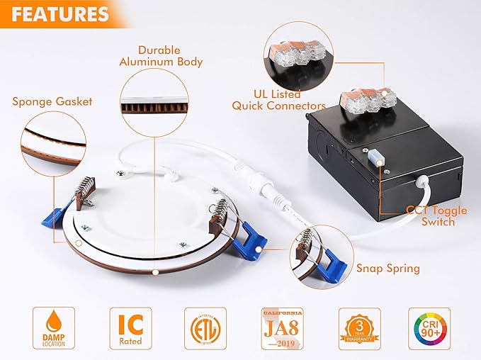 CLOUDY BAY Ultra Thin LED Recessed Ceiling Light,4 inch 3000K/ 4000K/ 5000K,Dimmable 10W CRI90+,Canless Light with Junction Box,IC Rated, Canless Wafer Downlight,Oil Rubbed Bronze,Damp Rated,6 Pack