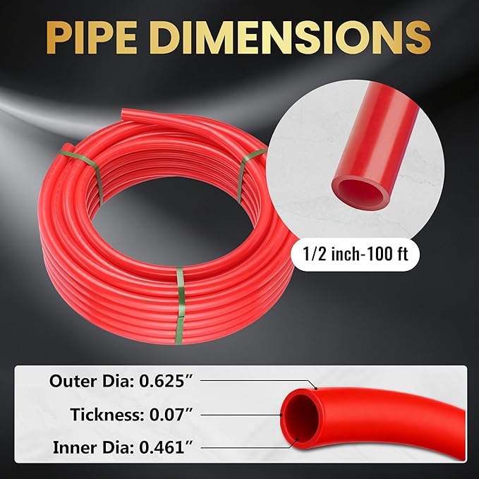 1/2 Inch-100 ft Foskan Red PEX-B Pipe,Water Tubing with a Pipe Cutter,24 Pcs 1/2" Pex Crimp Brass Fittings & 50 Pcs Clamp rings