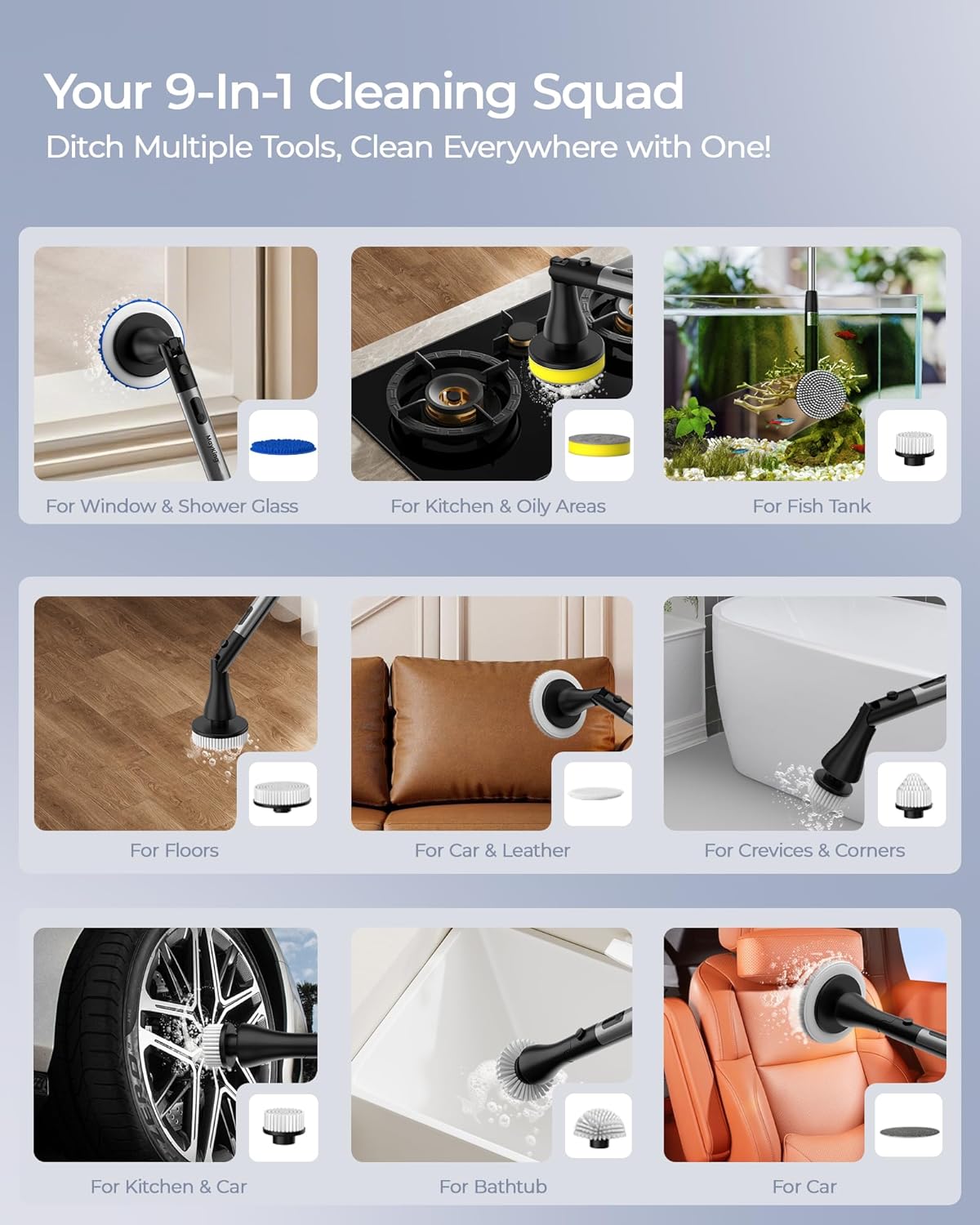 MayKing Electric Spin Scrubber with 9 Brush Heads, 3-Angle & 4-Length Adjustable Cordless Power Scrubber, 3-Speed & Battery LED Display, Electric Scrubber for Cleaning Bathroom Bathtub Floor Tiles