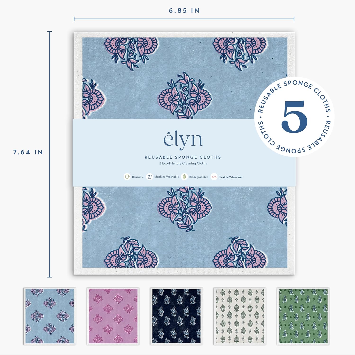 ELYN Swedish Dishcloths, Reusable & Washable Sponge Cloths, Absorbent Cleaning Paper Towels for Kitchen, Dishes, Counters and More, 5 Pack, Assorted Vintage Block Print Patterns