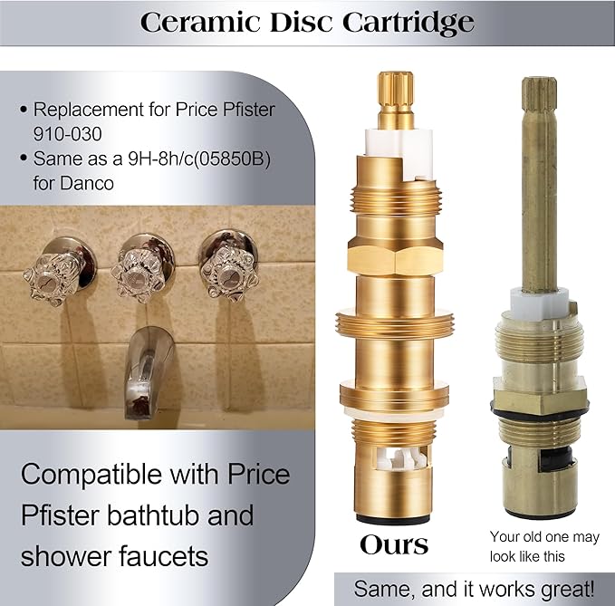 Dreyoo Ceramic Disc Cartridge Replacement for 910-030, Diverter Stem Replacement for 910-022, Shower Valve Faucet Cartridge Compatible with Price/Pfister, Hot Cold Diverter, Brass Construction
