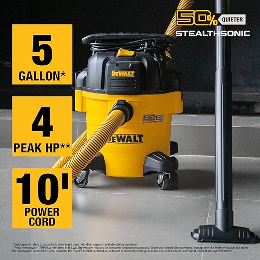 DEWALT Shop Vacuum 5-Gallon 4 HP STEALTHSONIC Wet/Dry Vacuum Cleaner DXV05P-QTB Ultra Quiet Poly Shop Vacuum with Powerful Suction for Garage, Jobsite, and Workshop