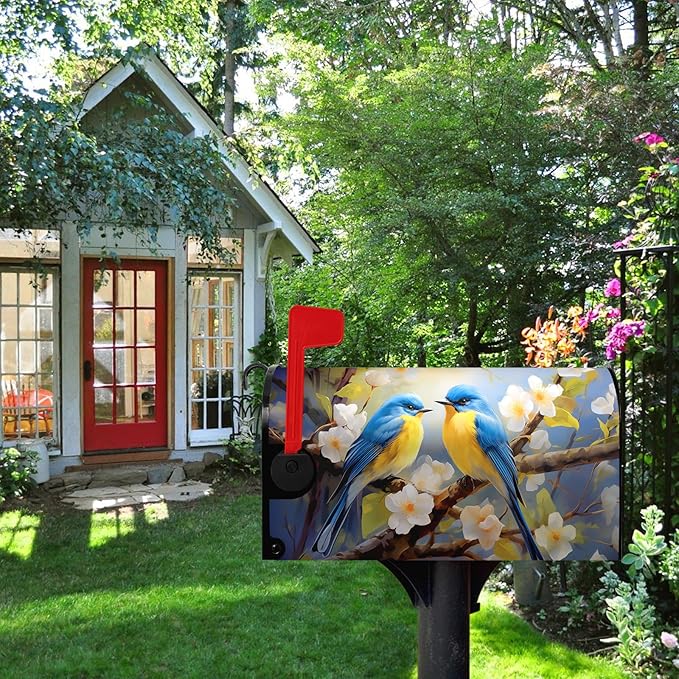 Summer Bird Floral Mailbox Covers Magnetic Oversized Spring Bluebirds Flower Mailbox Cover Large Size 21x25.5 Inch Mailbox Wraps Outdoor Decoration Post Letter Box Cover for Garden Yard