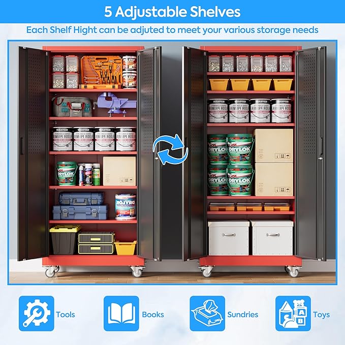 71" H×32" W×16" D Garage Storage Cabinet with Wheels, Locking Metal Storage Cabinet with 5 Adjustable Shelves, 4 Hooks and Pegboard for Garage, Home Office, Kitchen, Black and Red