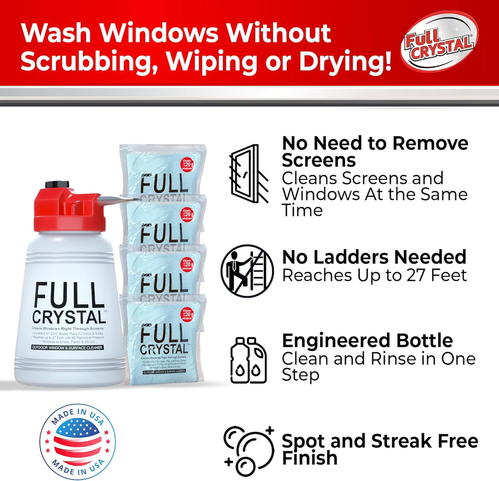 Full Crystal Window Cleaning Kit- 16 oz Glass Cleaner and Bottle with 27ft Reach will clean up to 80 Windows- Scrub Free, Rinse Free Glass Cleaner Spray Removes Dirt, Grime and Water Deposits