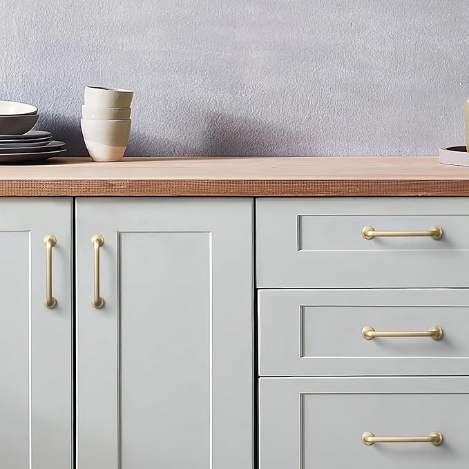 Goo-Ki 6 Pack Brushed Brass Cabinet Handle Drawer Pulls, 3 Inch(76mm) c-c Solid Zinc Alloy Modern Bar Pull Kitchen Hardware for Closet Dresser Wardrobe Cupboard Furniture