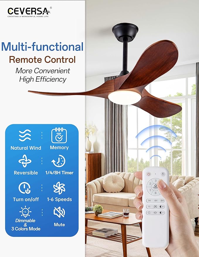 42 Inch Ceiling Fans with Lights and Remote, 3 Blades Outdoor Wood Propeller Ceiling Fans, Dimmable Quiet Noiseless DC Motor for Farmhouse, Living Room, Bedroom, Indoor, Walnut