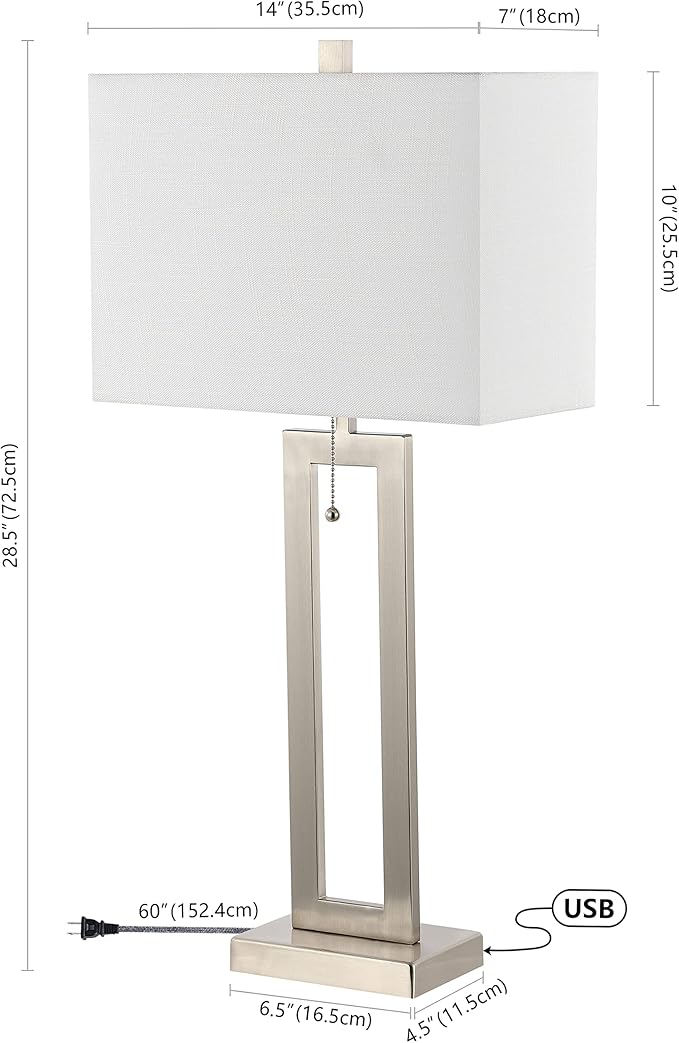 JONATHAN Y JYL1126B-SET2 Sabrina 28.5" Vintage Industrial Iron LED Table Lamp with Pull-Chain and USB Charging Port Mid-Century, Minimalist Bedside Desk Nightstand Lamp, Nickel (Set of 2)
