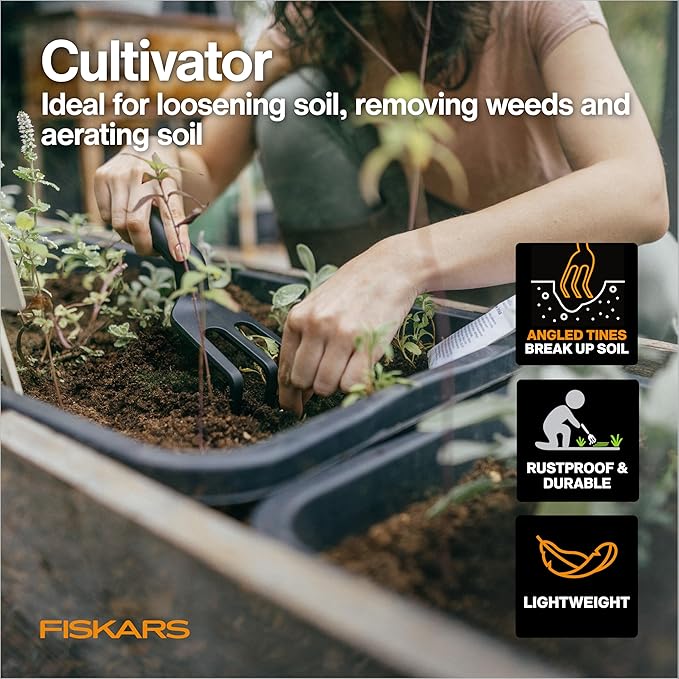 Fiskars House Plant Starter Tool Set with Set with Bypass Pruner, Trowel, Cultivator, and L/XL Garden Gloves for Indoor Gardening (4 Piece Kit)