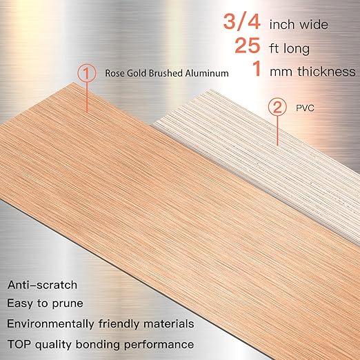 GSCIT Club Rose Gold Edge Banding, 3/4 Inch x 25ft Aluminum Brushed Edge Banding PVC Edge Trim for Cabinet Repair Furniture