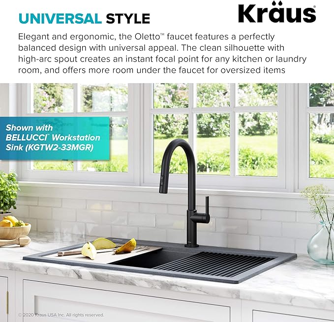 KRAUS Oletto Single Handle Pull Down Kitchen Faucet in Matte Black, KPF-2820MB