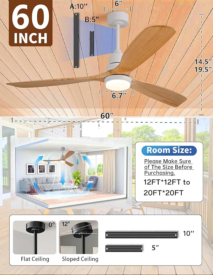 60 Inch Outdoor Natural Wood Ceiling fans with Lights and Remote, 3 Blades Wooden Dimmable Ceiling Fans,Noiseless Reversible DC Motor,Modern Fan for Patio,Living Room,Indoor,Farmhouse