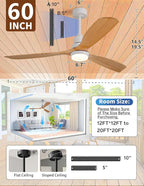 60 Inch Outdoor Natural Wood Ceiling fans with Lights and Remote, 3 Blades Wooden Dimmable Ceiling Fans,Noiseless Reversible DC Motor,Modern Fan for Patio,Living Room,Indoor,Farmhouse