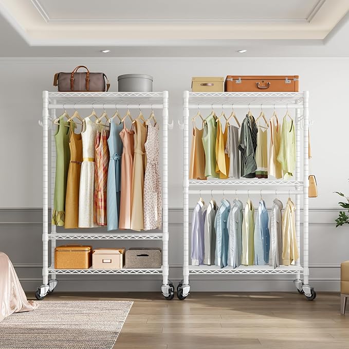 VIPEK R2 Heavy Duty Rolling Garment Rack 3 Tiers Adjustable Clothes Racks with Double Rods & Hooks, Freestanding Wardrobe Closet Storage Rack Metal Clothing Racks for Hanging Clothes, White