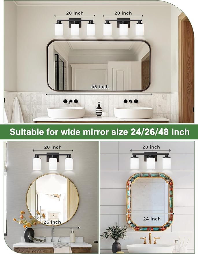 DORESshop 20 Inch Bathroom Light Fixtures, 3-Light Black Bathroom Lighting Fixtures Over Mirror with Milk Glass Shade, Modern Vanity Lights for Hallway Bedroom, ETL Listed
